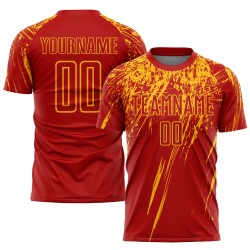 Rotes, benutzerdefiniertes goldenes Trikot mit Sublimationsdruck, Fußballuniform