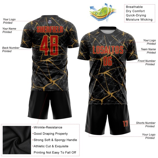 Fußball Rot-Alte Uniform Gold Sublimation Schwarz Custom Jersey