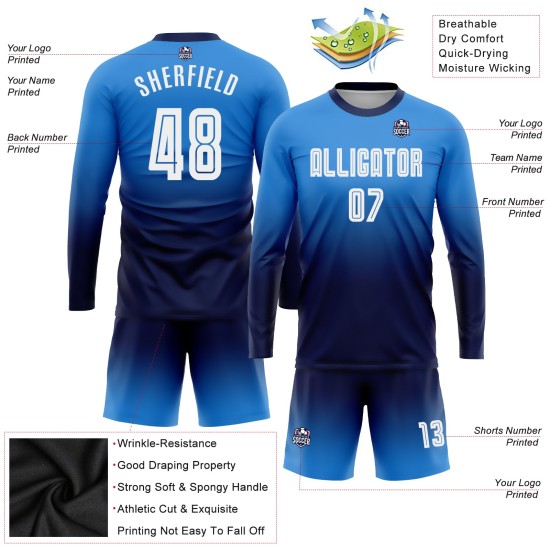 Weiß-Marineblau Custom Sleeve Fashion Uniform Powder Blue Soccer Fade Sublimation Long Jersey