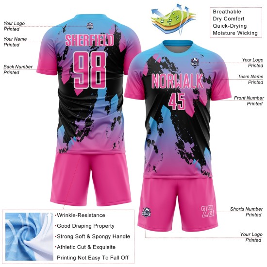 Benutzerdefinierte Jersey Sky Splash Pink Uniform Blau-Schwarz Fußball Sublimation