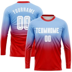 Ärmel Sublimation Fußball Blau Verblassen Lange Mode Licht Uniform Custom Jersey Weiß-Rot