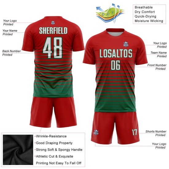 Mode Custom Sublimation Green Jersey Fußball Weiß-Kelly Uniform Nadelstreifen Fade Red