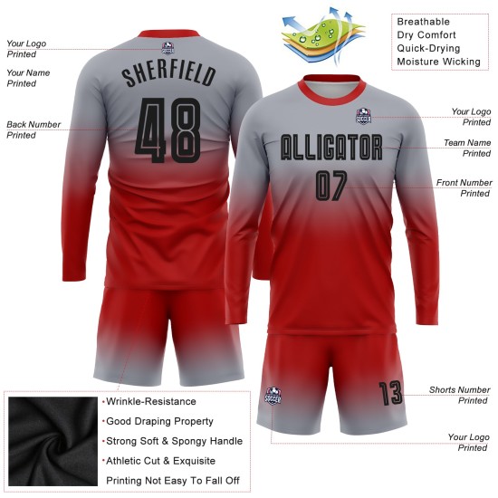 Sublimation Grau Schwarz-Rot Lange Uniform Mode Benutzerdefinierte Ärmel Verblassen Jersey