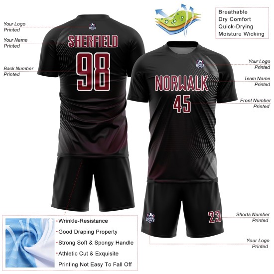 Geometrische benutzerdefinierte schwarze Sublimation Fußball Linien Uniform Jersey Crimson-Weiß