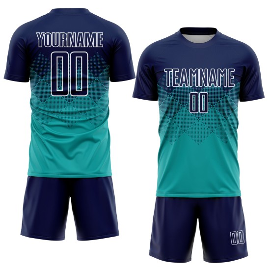 Marineblau-Weiß Fußballuniform Benutzerdefinierte Sublimation Jersey Aqua