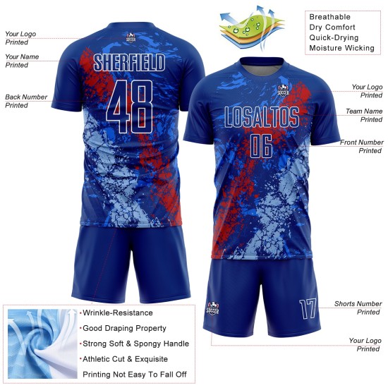 Royal Custom Sublimation Fußballuniform Blau Rot-Licht Tropfendes Trikot Splatter Art
