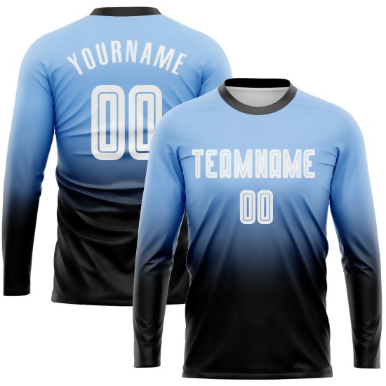 Blaue Fußballuniform Lange Sublimation Fashion Jersey Fade Light Weiß-Schwarz Custom Sleeve