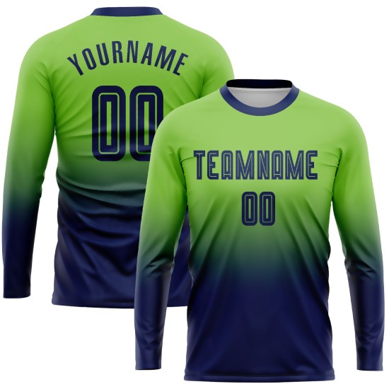 Benutzerdefinierte Fußball Navy Neon Grün Verblassen Lange Jersey Ärmel Sublimation Uniform Mode