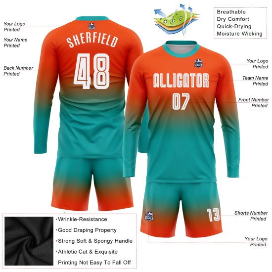 Fußball Ärmel Custom Uniform Weiß-Aqua Fade Fashion Jersey Sublimation Orange Lange