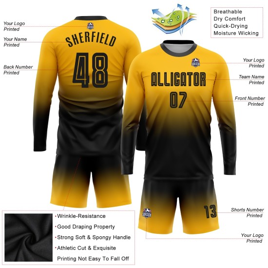 Fashion Fade Uniform Ärmel Lange Sublimation Schwarz Jersey Custom Gold Fußball